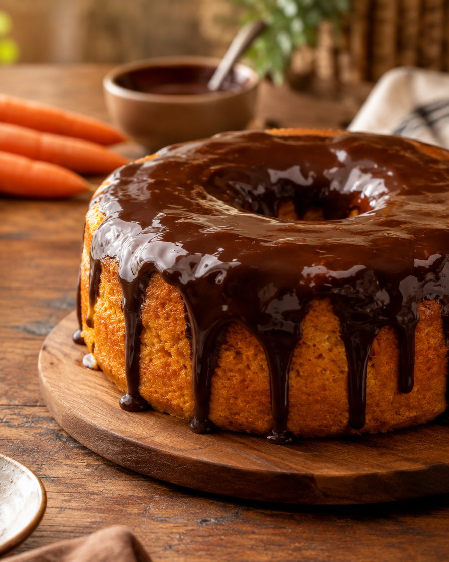 Bolo de cenoura inteiro com calda de chocolate caseira