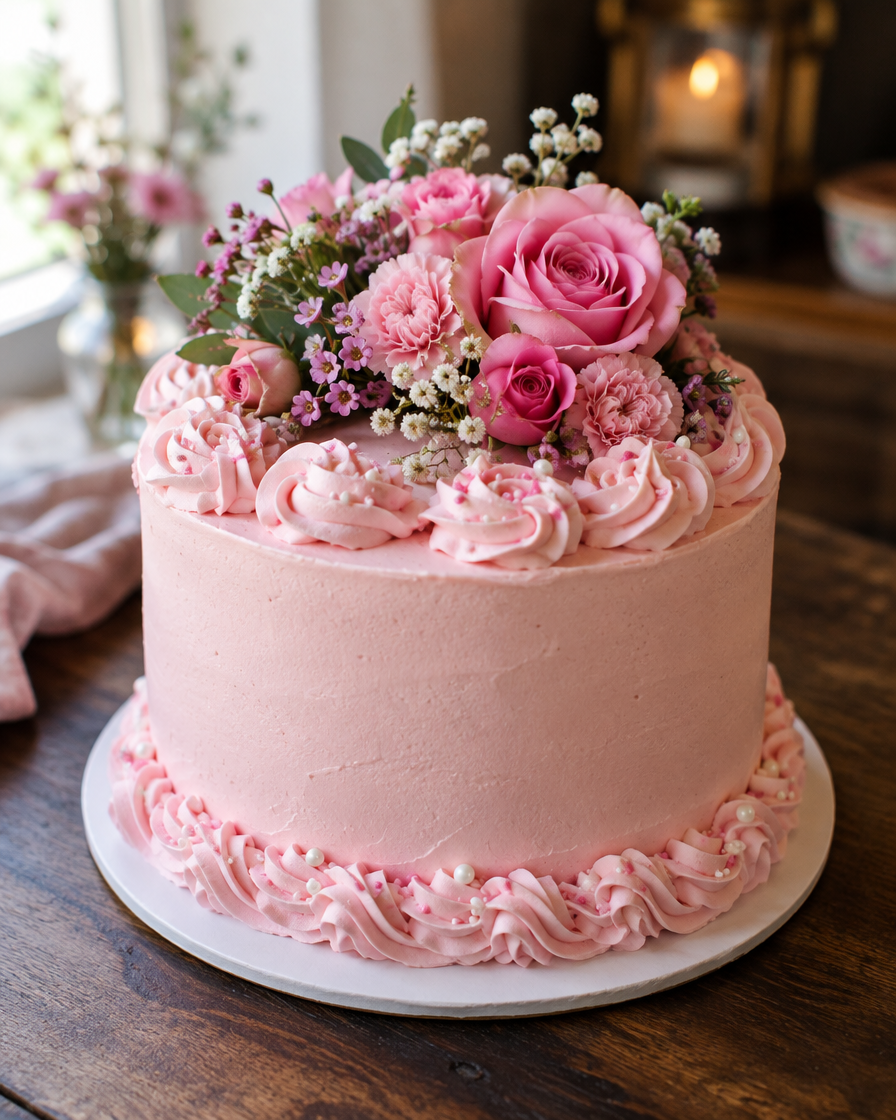 Bolo de aniversário decorado com flores e chantininho rosa