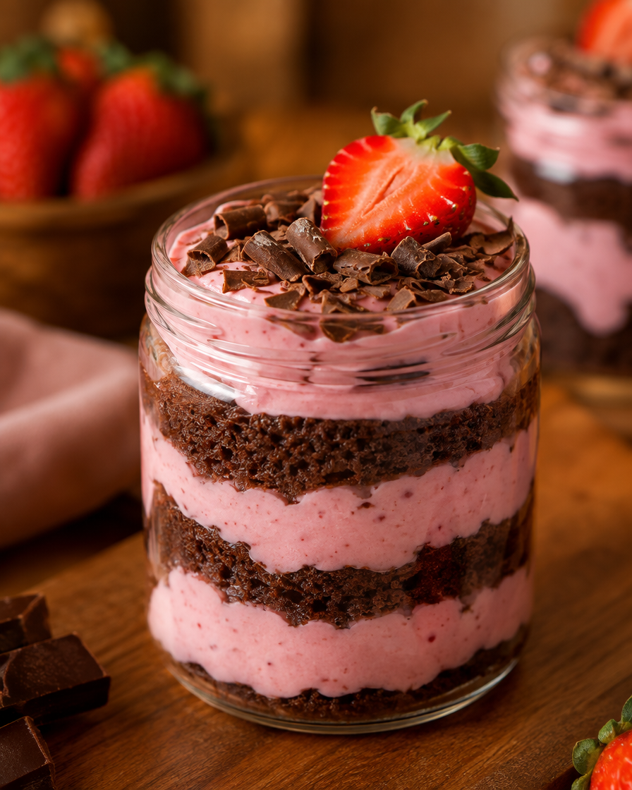 Bolo de pote caseiro com camadas de chocolate e creme rosa
