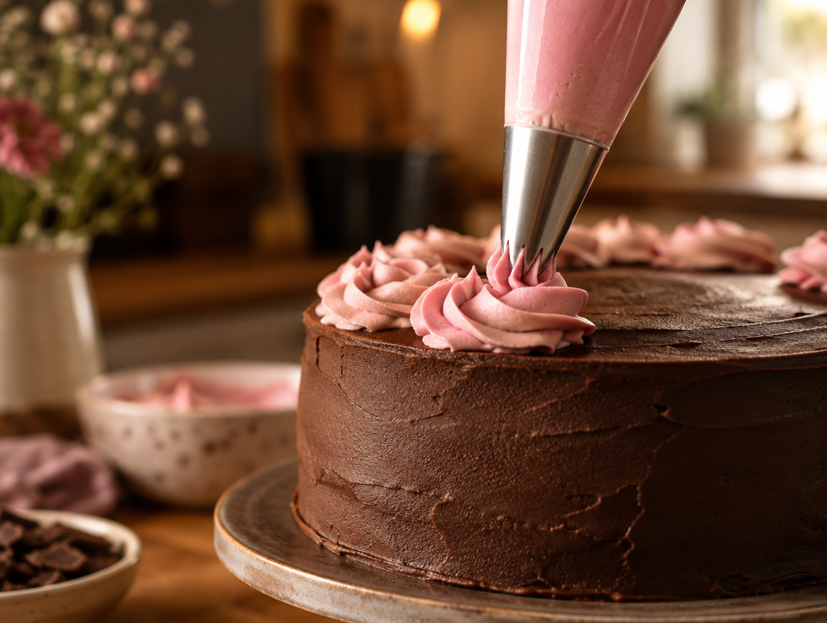 Mãos decorando um bolo com creme rosa