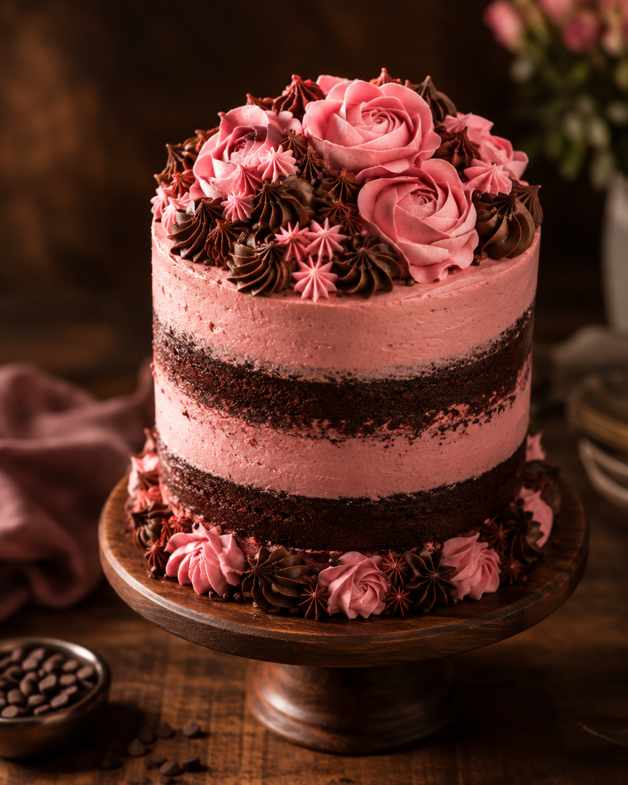 Bolo de aniversário decorado em tons de rosa e chocolate sobre mesa de madeira