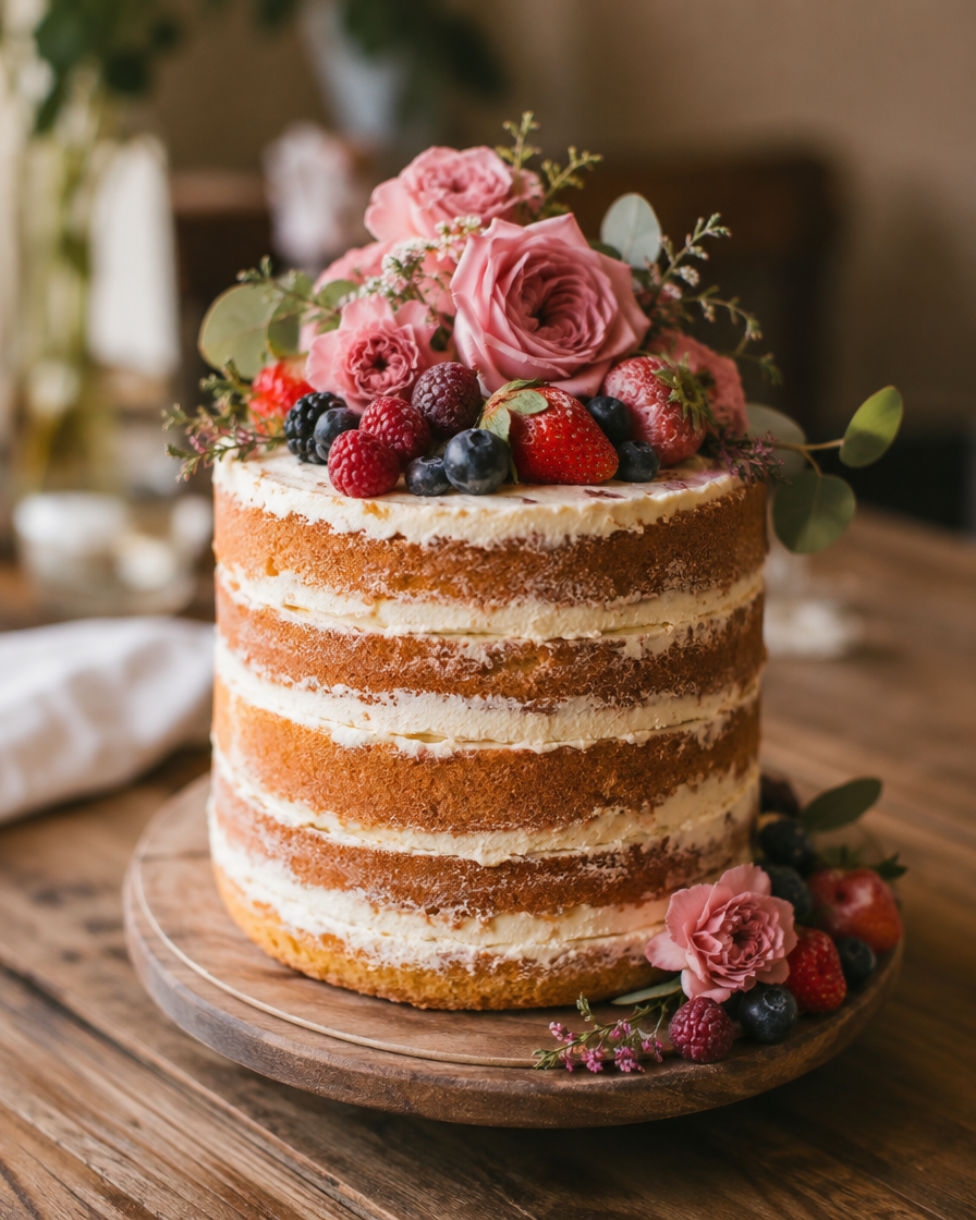 Naked cake caseiro decorado com flores e frutas vermelhas